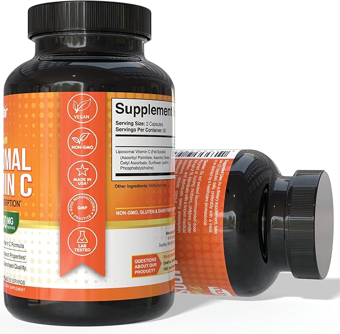 NutriFlair Liposomal Vitamin C 1700mg, 180 Capsules - High Absorption, Fat Soluble VIT C, Higher Bioavailability Immune System Support & Collagen Booster, Non-GMO, Vegan Pills