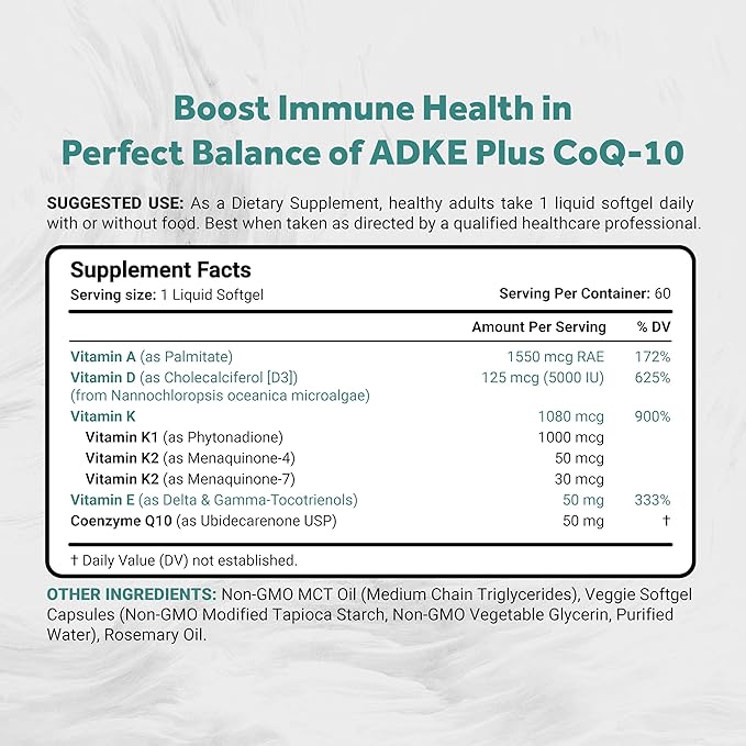 Vegan Vitamin ADK with 50mg Tocotrienol and CoQ-10 | Nano-Emulsified in EVOO for Better Absoprtion | Non-GMO, Soy Free and Vegan Society Certified | 60 Veggie Softgels (Carrageenan Free)