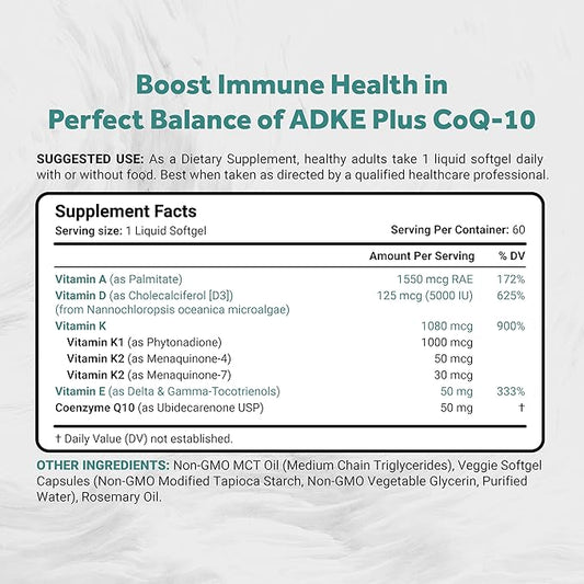 Vegan Vitamin ADK with 50mg Tocotrienol and CoQ-10 | Nano-Emulsified in EVOO for Better Absoprtion | Non-GMO, Soy Free and Vegan Society Certified | 60 Veggie Softgels (Carrageenan Free)