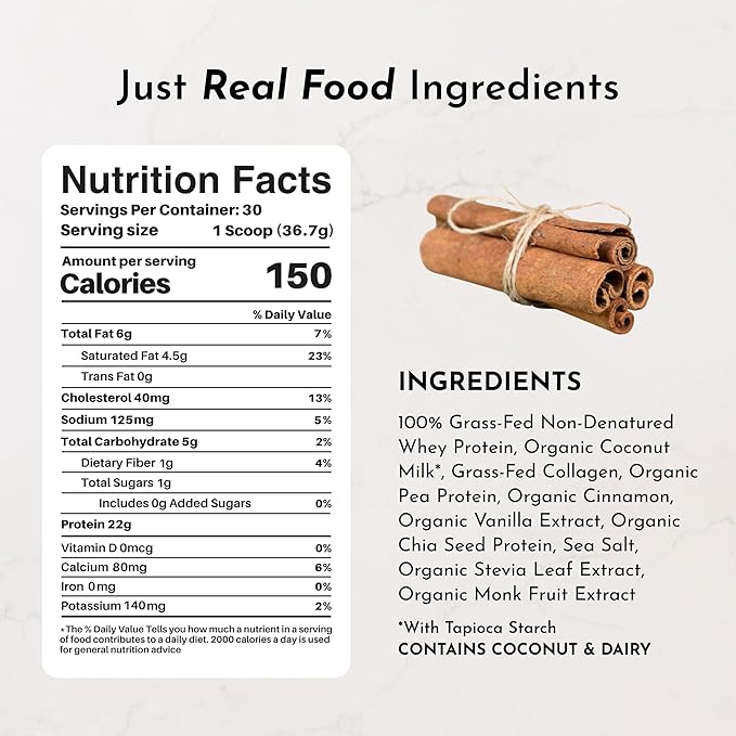 JUST INGREDIENTS Snickerdoodle Protein Powder - Grass-Fed Whey, Plant Proteins, Cinnamon Vanilla - 30 Servings