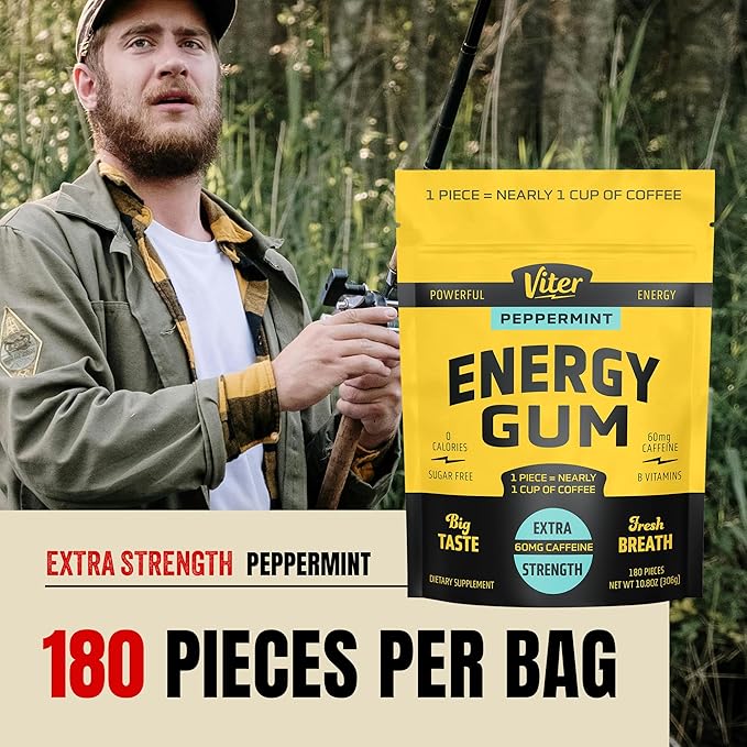 Viter Energy 60mg Caffeine Gum (Peppermint Flavor, 180 Pieces) - Sugar Free, Vitamin B3, B6, B9, B12, Zero Calories, Caffeinated Energy Chews, Nootropic Focus Supplement for Men & Women