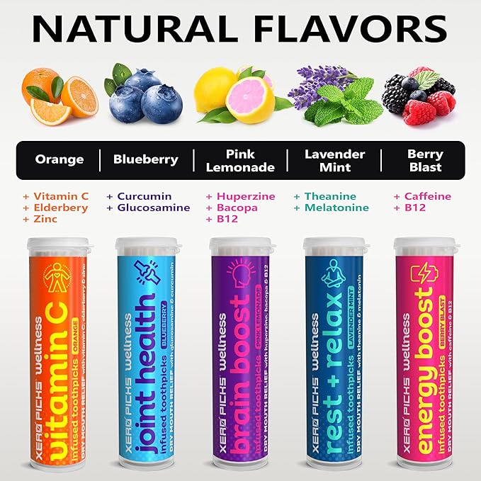Xero Picks Wellness - Infused Flavored Toothpicks - Dry Mouth Prevention - 60 Picks - 3 Pack - Orange - Immunity Support - Vitamin C, Elderberry, Zinc