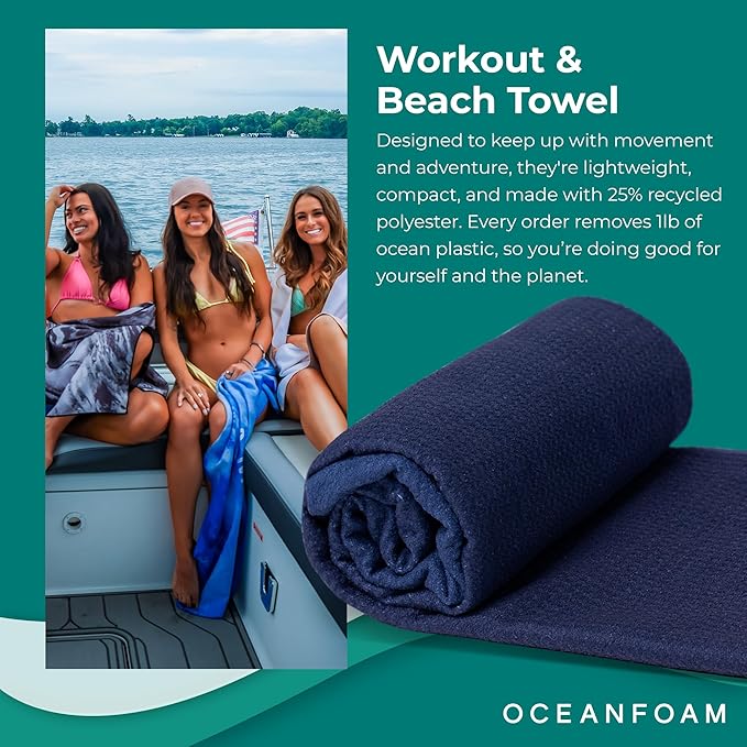Oceanfoam Beach Towel – Lightweight, Absorbent, Quick-Drying, Sand-Resistant, Non-Slip – Ideal for Workouts, Yoga, Pilates, Beach, Pool, Boat & Travel – 25% Recycled – 72"x24" (Navy Gradient)