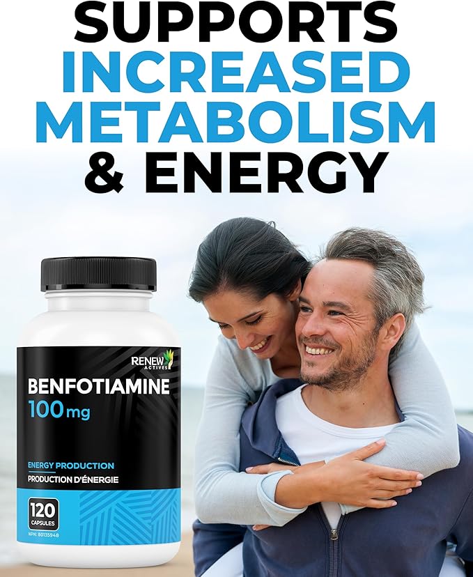 Renew Actives Benfotiamine 100mg – Supports Energy Production & Overall Wellness – Vegan, Non-GMO, Gluten-Free – 120 Capsules