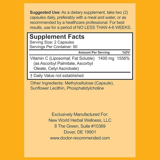 Liposomal Vitamin C 1400mg Per Serving - 180 Veggie Capsules High Absorption Ascorbic Acid, Lypo-Spheric Vitamin C Complex Immune Support Supplement with Powerful Antioxidants and Collagen Booster