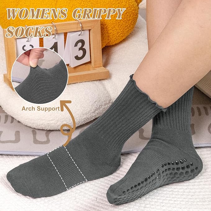 Justay 6 Pairs Womens Pilates Socks with Grips Crew Non Slip Ruffle Cotton for Athletic Workout Barre Hospital Yoga Socks
