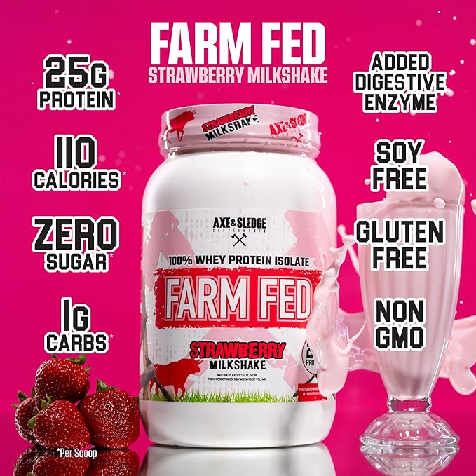 Axe & Sledge Farm Fed 100% Whey Protein Isolate | 25g Protein | Low Carb, Low Sugar, Gluten Free | Protein Powder for Men and Women | Keto | Made in The USA | 28 Servings, Strawberry Milkshake