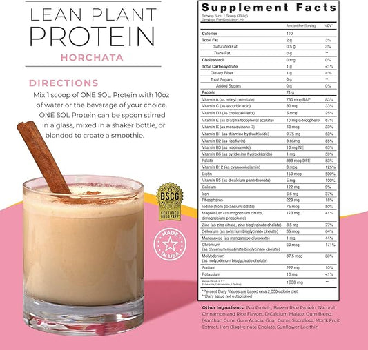 One Sol Lean Plant-Based Protein Powder, Pea & Brown Rice Protein, Low Carb, Vegan Friendly - Gluten, Lactose, & Soy Free - No Added Sugar, Non-GMO, Clean Nutrition, No Bloating (Horchata)