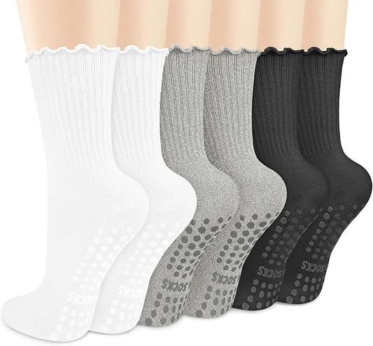 Justay 6 Pairs Womens Pilates Socks with Grips Crew Non Slip Ruffle Cotton for Athletic Workout Barre Hospital Yoga Socks