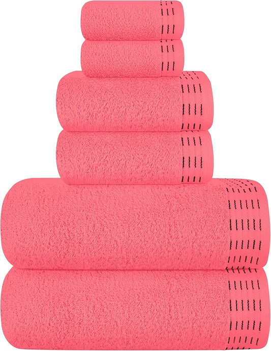 Ultra Soft 6 Pack Cotton Towel Set, Contains 2 Bath Towels 28x55 inch, 2 Hand Towels 16x24 inch & 2 Wash Coths 12x12 inch, Ideal Everyday use, Compact & Lightweight - Coral Orange