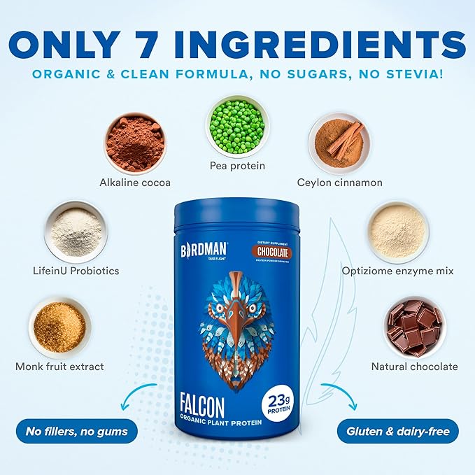 BIRDMAN Falcon Vegan Protein Powder Organic, Stevia & Sugar Free, Plant Based Protein, Low Carb, Dairy Free, Keto, Non Whey Protein, Probiotic, Pea Protein | Chocolate Flavor - 18 Servings - 1.32lb
