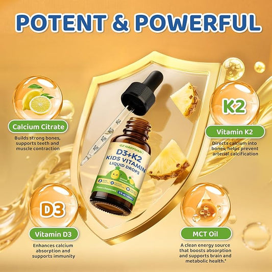 Kids Vitamin D3 K2 Drops, Vitamin D3 K2 (MK-7) Supplement with Calcium for Kids & Adults - Support Healthy Bones & Teeth, Calcium Absorption & Immunity, Sugar Free Pineapple Flavor 2 FL OZ