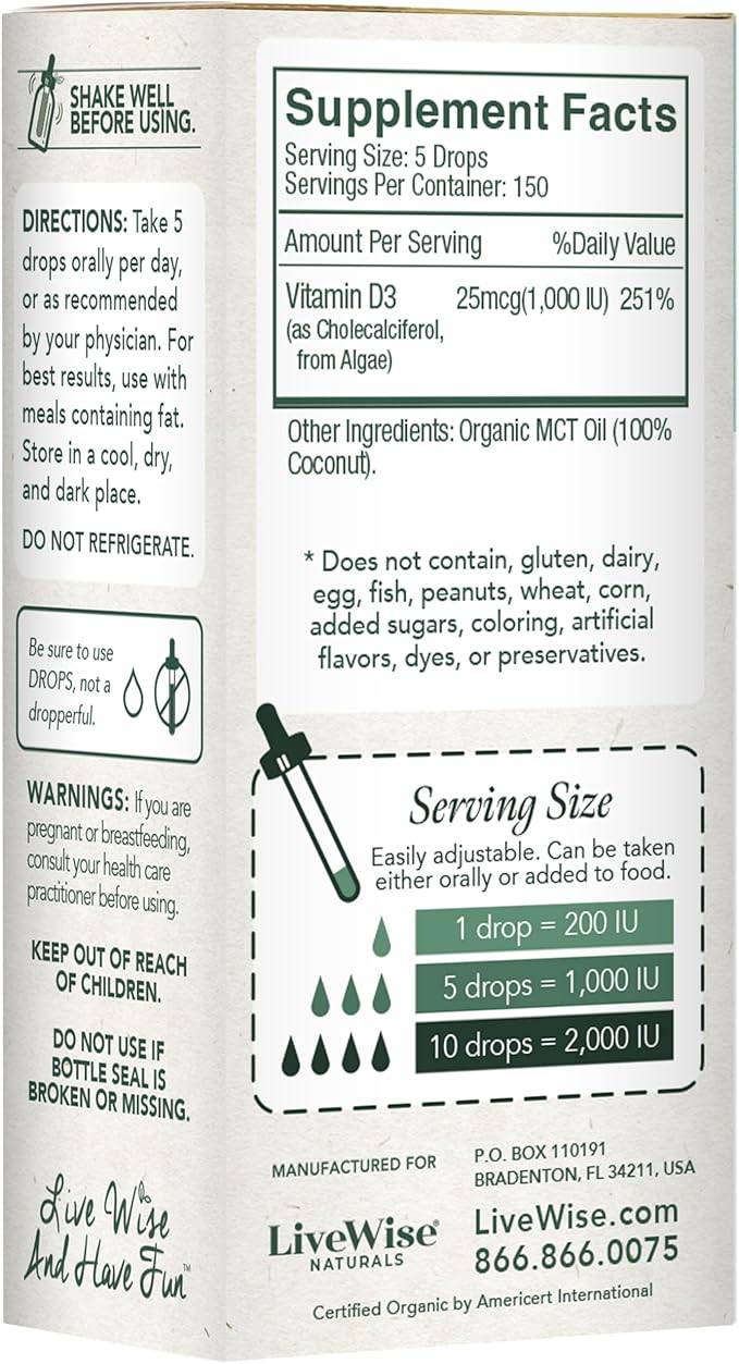 LiveWise Naturals Organic Vitamin D3 Liquid Drops, Vegan, Non-GMO, Plant-Based, 200 IU per Drop, Supports Immune, Bone, and Mood Health, Easy-to-Absorb, in MCT Oil 1,000 IU