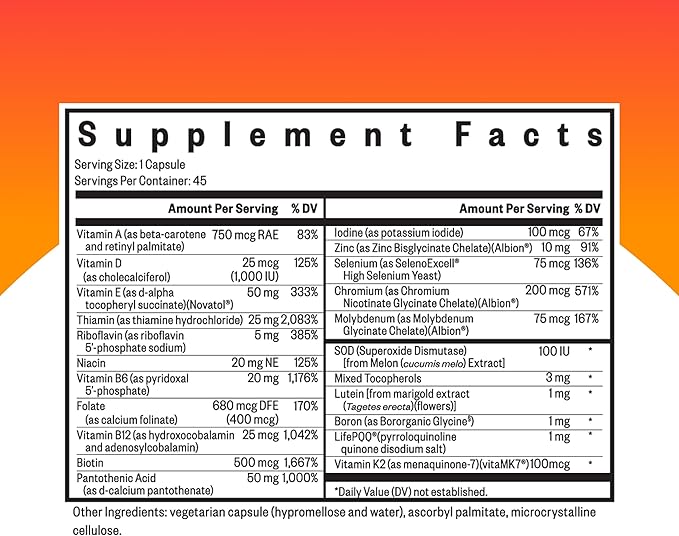 Seeking Health Multivitamin One MF, 1 a Day Multivitamin Supplement for Adults, Methyl-Free Bioavailable B12 and Folinic Acid, Vitamin A, PQQ, MTHFR Support, Vegetarian Capsules (45 Capsules)