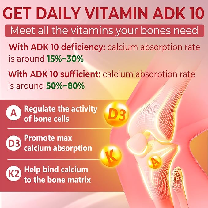 Vitamin D3 10000iu + K2 MK7 + A Gummies with Calcium Magnesium Zinc for Women & Men, High Potency ADK Vitamin Supplement Supports Healthy Immune System, Bone and Vision Function, Sugar Free 120 Cts