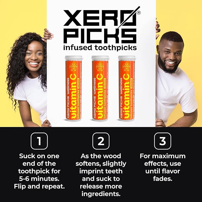 Xero Picks Wellness - Infused Flavored Toothpicks - Dry Mouth Prevention - 60 Picks - 3 Pack - Orange - Immunity Support - Vitamin C, Elderberry, Zinc