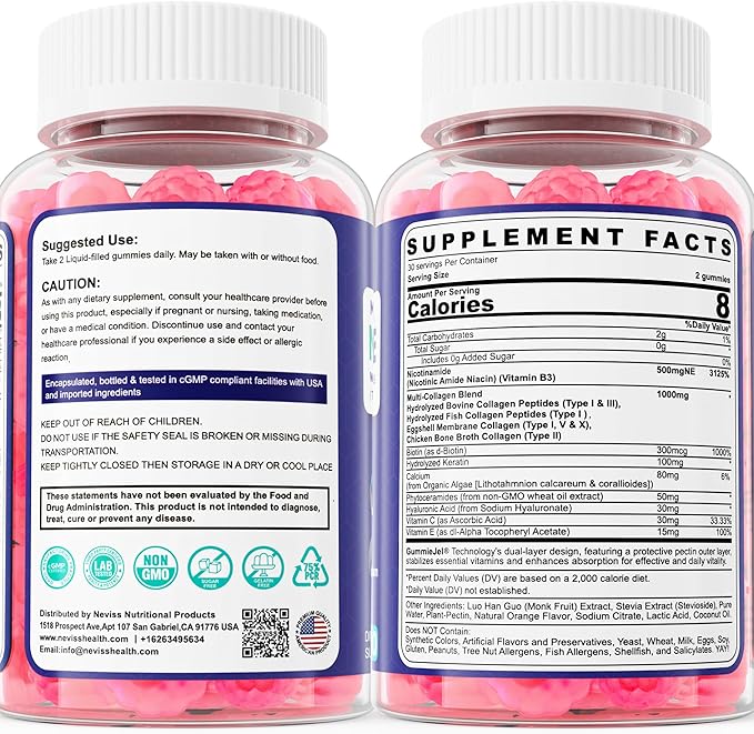Nicotinamide 500mg Gummies, Niacinamide Supplement with Collagen Peptides, (Flush Free Niacin) Vitamin B3 Niacinamide for Anti-Aging, NAD+ Levels, Longevity, Focus & Brain, Sugar Free, 60Cts