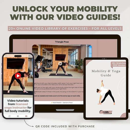 Yoga Stick Made from Natural Bamboo - 5ft Stretching Stick for All Fitness Levels - Stretch Stick with Non-Slip Handles for Mobility, Balance & Physical Therapy - Access 20+ Online Video & PDF Guides