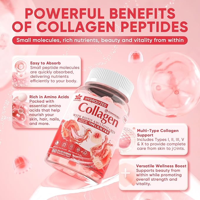 Collagen Peptide Gummies for Women & Men Sugar-Free, Multi Collagen Hydrolyzed w/ 1500mg Protein Type I,II,III,V,X, 5000mcg Biotin, Methylated B12, Vitamin C A E D3 B6 for Skin Hair Nails, Bone, 60Cts