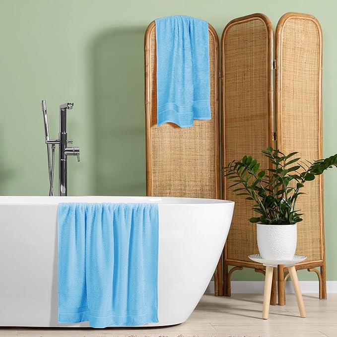 BELZZI Home Ultra Soft 4 Pack Oversized Bath Towel Set 27x54, Cotton Compact Bath Towels, Highly Absorbant Eco-Friendly Quickdry & Lightweight Towel, Ideal for Gym Travel Camp Pool - Sky Blue