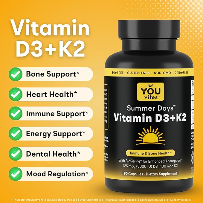 Vitamin D3 + K2 - Max Absorption, 5000 IU D3 & 100 mcg K2 MK-7 (Menaquinone-7) with BioPerine - Bone, Heart & Immune Support - Non-GMO, Gluten Free, Soy Free - 90 Capsules - Daily Supplement