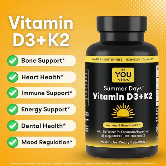 Vitamin D3 + K2 - Max Absorption, 5000 IU D3 & 100 mcg K2 MK-7 (Menaquinone-7) with BioPerine - Bone, Heart & Immune Support - Non-GMO, Gluten Free, Soy Free - 90 Capsules - Daily Supplement