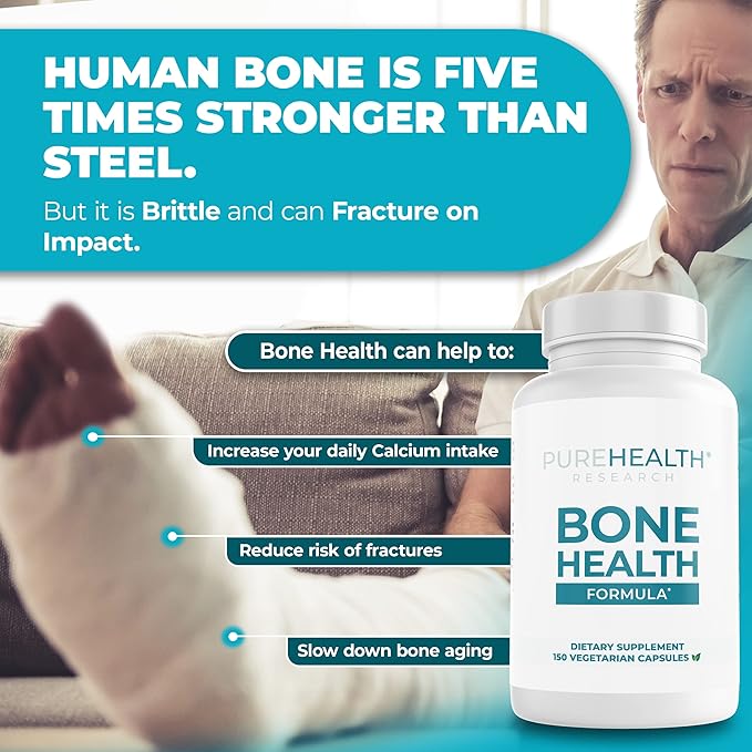 PUREHEALTH RESEARCH Bone Health Formula Calcium & Magnesium Supplement - with Iron, Zinc, Copper, Vitamin D, C, K2 & More - Bone & Joints Vitamins for Women & Men, 150 Capsules