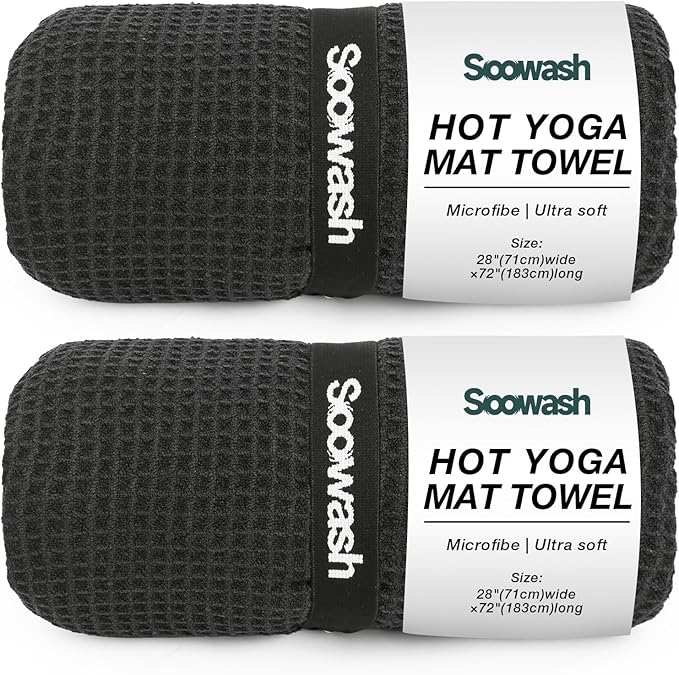 2 Pack Hot Yoga Towel, Yoga Mat Towels Non Slip for Hot Yoga with Strap, Microfiber Yoga Accessories, Soft Absorbent Quick Dry, Pilates Exercise Fitness 28" X 72"Black