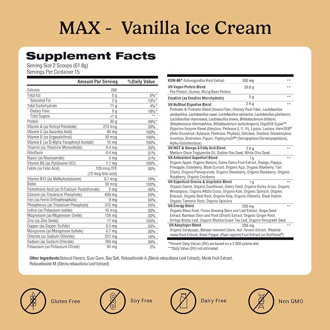 VitaHustle ONE Max Protein + 5g Creatine, 30g Plant Protein Powder, All-in-One Meal Replacement Shake with Greens, Adaptogens, Ashwagandha, Probiotics & Vitamins – Vanilla Ice Cream, 15 Servings
