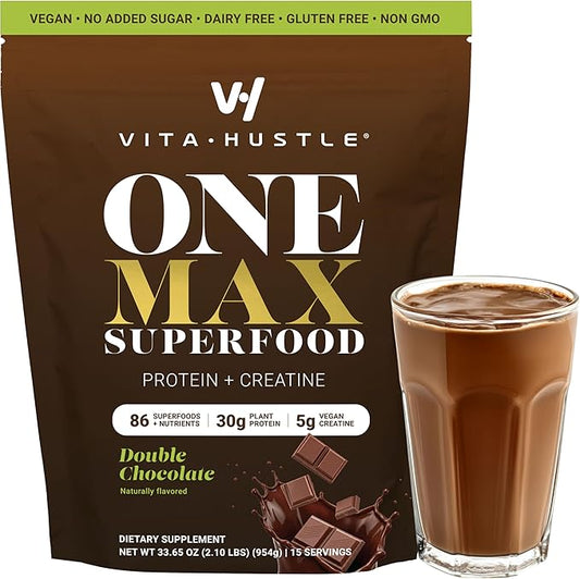 VitaHustle ONE Max Protein + 5g Creatine, 30g Plant Protein Powder, All-in-One Meal Replacement Shake with Greens, Adaptogens, Ashwagandha, Probiotics & Vitamins – Double Chocolate, 15 Servings
