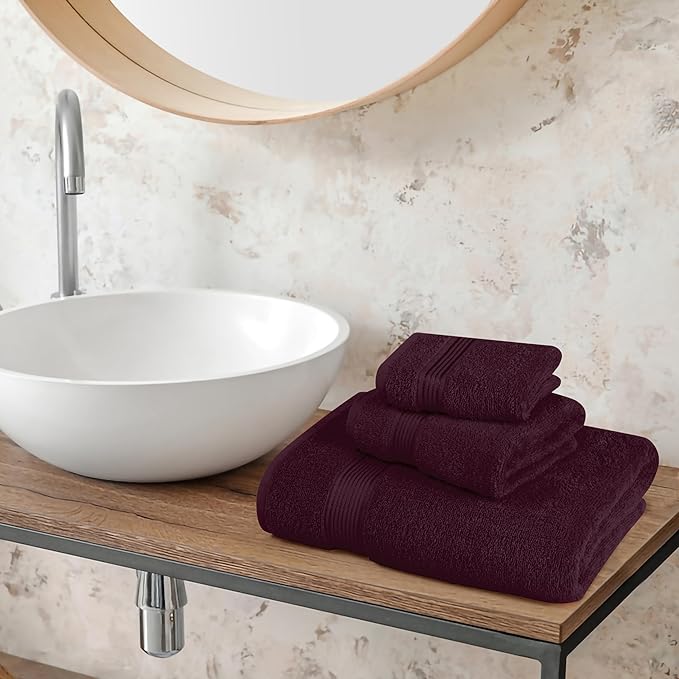 Belizzi Home Ultra Soft 3 Pack Cotton Towel Set, Contains a Bath Towel 28x55 inch, a Hand Towel 16x24 inch & a Wash Coth 12x12 inch, Ideal Everyday use, Compact & Lightweight - Burgundy