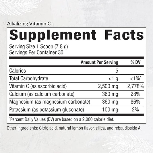 Equilife Alkalizing Vitamin C, 2500 mg per Serving, Immunity Support Supplement with Magnesium, Calcium, & Potassium, Easy Absorption Powder Formula, Gluten Free, Non GMO, Lemon Splash Flavor, 8.3 Oz