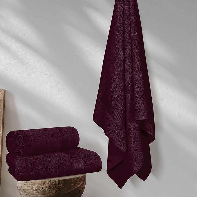 BELZZI Home Ultra Soft 4 Pack Oversized Bath Towel Set 27x54, Cotton Compact Bath Towels, Highly Absorbant Eco-Friendly Quickdry & Lightweight Towel, Ideal for Gym Travel Camp Pool - Burgundy