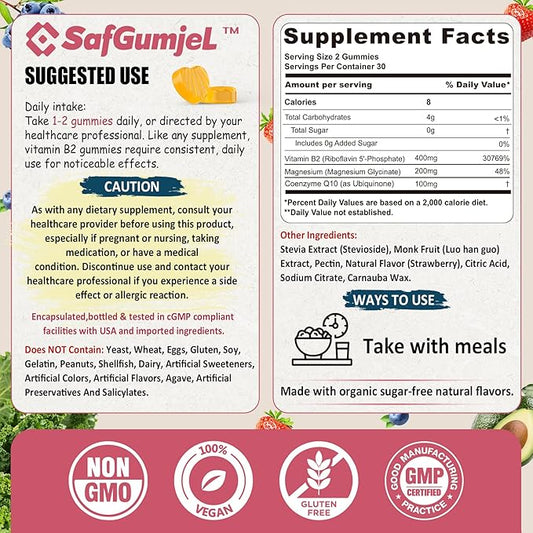 Vitamin B2 Gummies | Riboflavin 400mg for Adults and Kids | with Magnesium & CoQ10 for Energy & Migraine Relief | Sugar Free B2 Vitamin VIT B | Non GMO, Vegan, 120 Counts