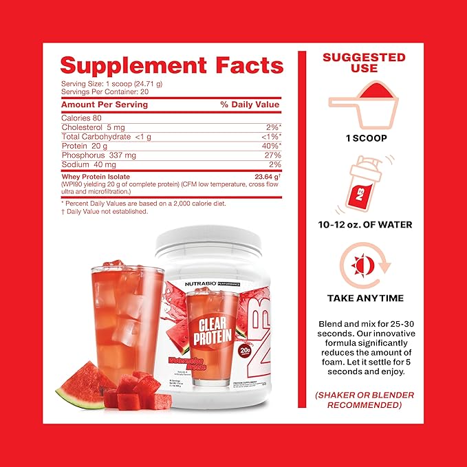 NutraBio Clear Protein Powder, Watermelon Breeze - 20 Servings, 20g Clear Whey Protein Isolate, 0 Sugar, 0g Lactose, Refreshing Fruit Flavors, GLP1 Support -Bone Health - Muscle Post Workout Recovery