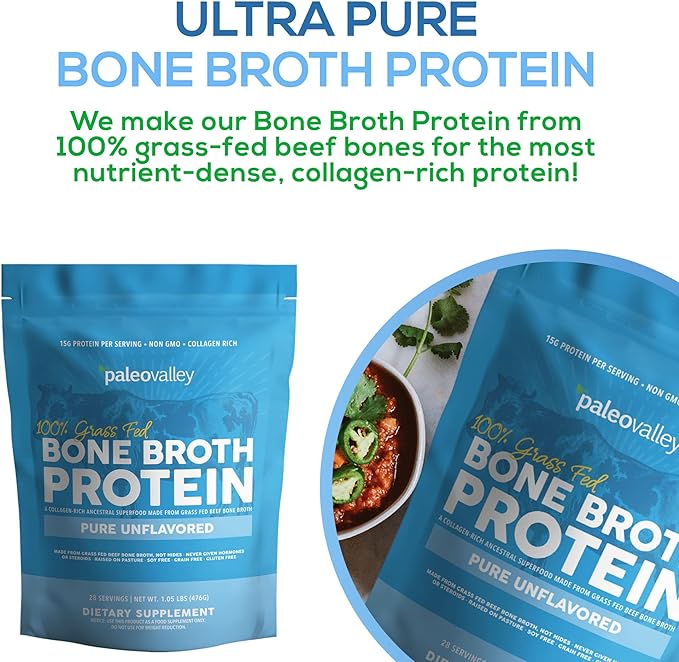 Paleovalley 100% Grass Fed Beef Bone Broth Protein Powder - Rich in Collagen Peptides for Hair, Skin, Gut Health, Bone and Joint Support - 15g Protein Per Serving - No Gluten or GMOs