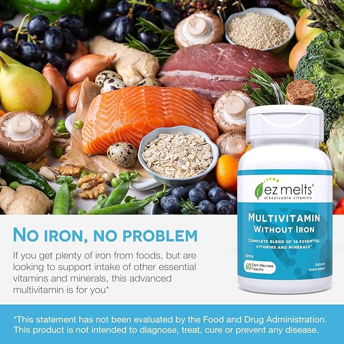 EZ Melts Dissolvable Multivitamin Without Iron, 18 Vitamins & Minerals Including Vitamin A, Biotin, Vitamin B12, Vitamin C, Vitamin D3, Zinc and More, Sugar-Free, 1-Month Supply - 1 Pack
