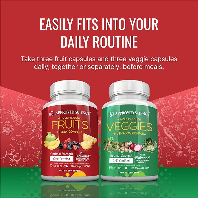 Approved Science Fruits & Veggies - 42 Whole Fruit and Veggie Supplement - Enhanced Health & Vitality - Daily Natural Vitamins, Minerals, Antioxidants - 90 Capsules Each - 1-Month Supply
