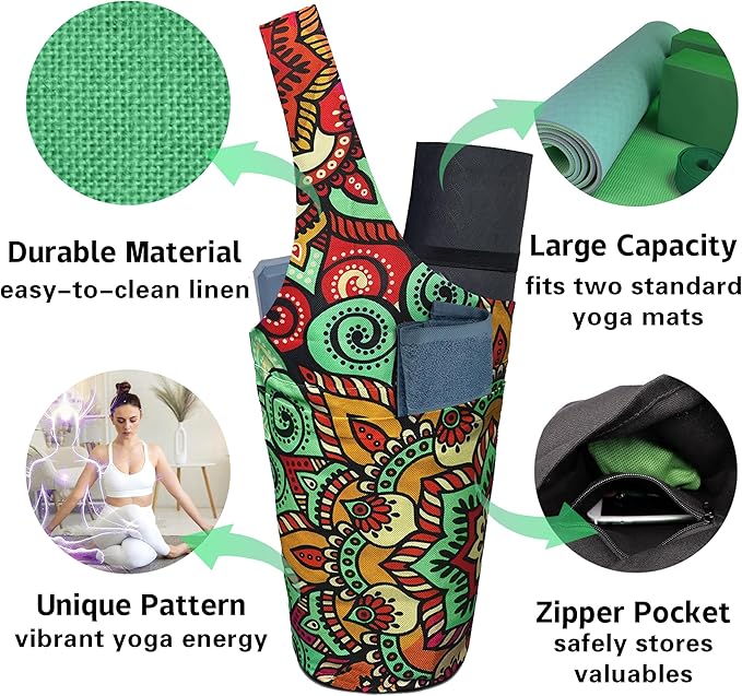 Yoga Mat Bag Carrier for Women with Side Large Pocket Durable Linen Workout Gym Travel Storage Pilates Mats