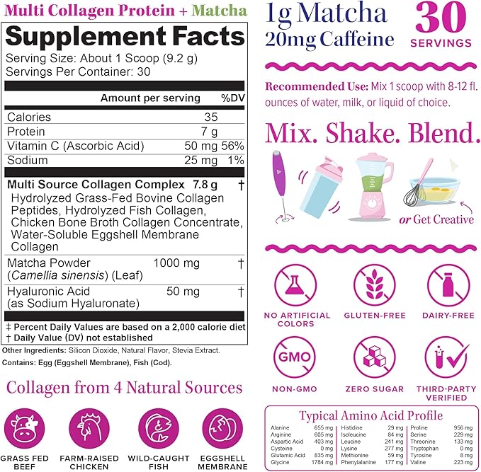 Muti Collagen Protein Powder Multi Collagen Peptides Powder for Women -Types I II III V & X Vitamin C & Hyaluronic Acid for Hair Skin and Nails Matcha Flavored - 30 Servings