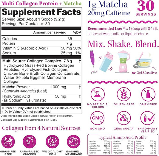Muti Collagen Protein Powder Multi Collagen Peptides Powder for Women -Types I II III V & X Vitamin C & Hyaluronic Acid for Hair Skin and Nails Matcha Flavored - 30 Servings