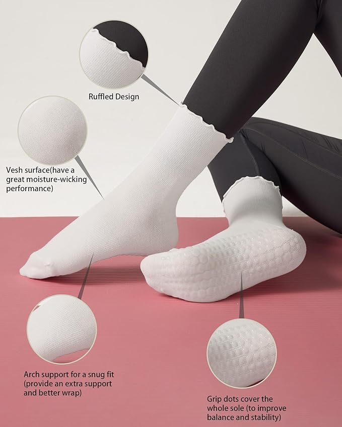REACH STAR 4 Pairs Pilates Socks with Grips Non Slip Ruffle Yoga Grip Socks for Women