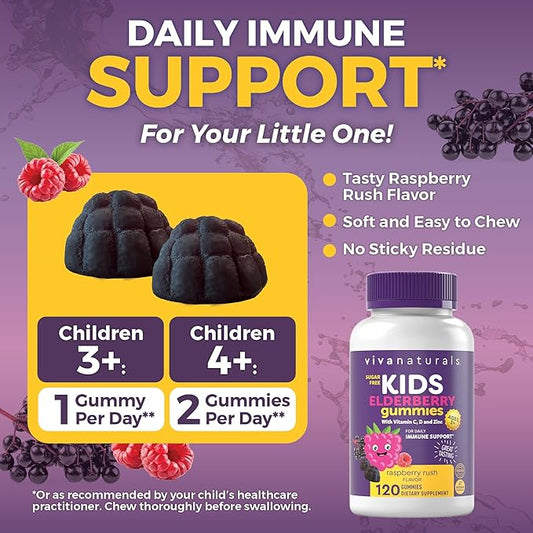 Viva Naturals Sugar-Free Sambucus Elderberry Gummies for Kids, 8-in-1 Children Immune Support with Vitamin C & Zinc – Chewable, Vegan & Gluten-Free (120 Count) for Daily Wellness