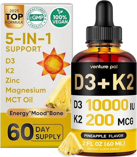 Venture Pal 5-in-1 Vitamin D3 10000 IU & K2 as MK-7 200mcg with Magnesium, MCT Oil, Zinc, Sugar-Free Vitamin D Liquid |Maximum Absorption for Bone, Mood & Immune Health - 2 FL OZ, 60 Days