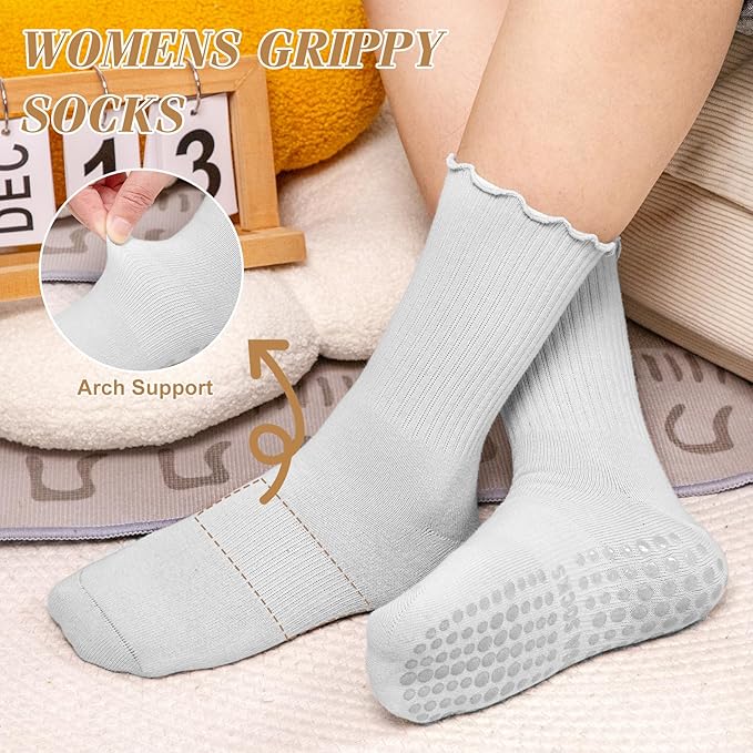 Justay 6 Pairs Womens Pilates Socks with Grips Crew Non Slip Ruffle Cotton for Athletic Workout Barre Hospital Yoga Socks