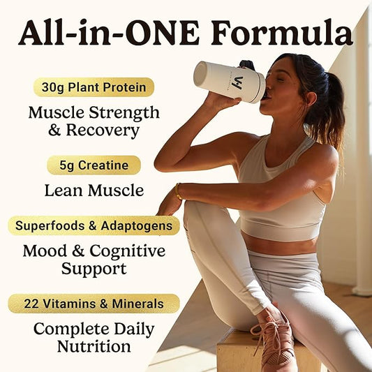 VitaHustle ONE Max Protein + 5g Creatine, 30g Plant Protein Powder, All-in-One Meal Replacement Shake with Greens, Adaptogens, Ashwagandha, Probiotics & Vitamins – Vanilla Ice Cream, 15 Servings
