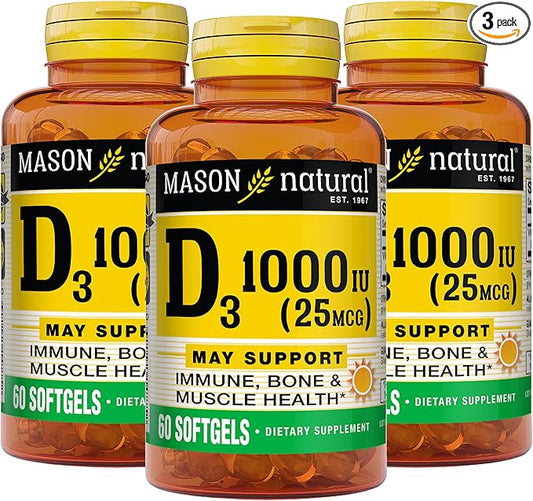 MASON NATURAL Vitamin D3 25 mcg (1000 IU), Bone & Immune Support, from Fish Liver Oil, 60 Softgels (Pack of 3)