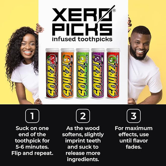 Xero Picks - Sourz Infused Flavored Toothpicks- Sugar Free- Sour Apple, Sour Grape, Sour Cherry, Sour Watermelon, Sour Peach - 5 Pack - 20 Picks per