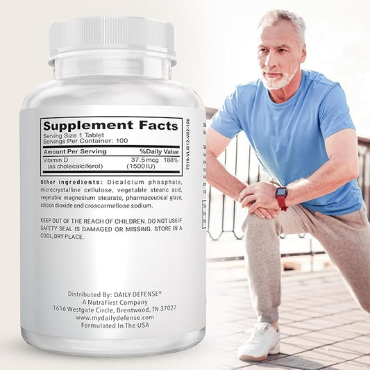 Immune Defense Supplements Vitamin D3 1500 IU for Heart Health, Daily Immune Support, Mental Clarity, & Muscle Function - 100 Vitamin D Tablets (D3 1500 IU)