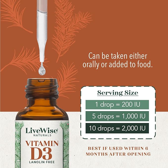 LiveWise Naturals Organic Vitamin D3 Liquid Drops, Vegan, Non-GMO, Plant-Based, 200 IU per Drop, Supports Immune, Bone, and Mood Health, Easy-to-Absorb, in MCT Oil 1,000 IU